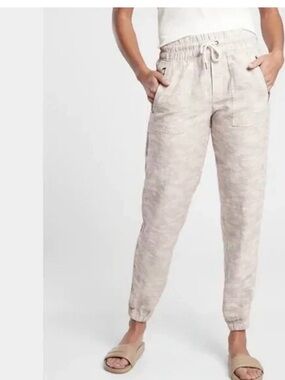 Athleta Cabo Tide Linen Jogger Neutral Beige Tan‎ Camo Print Pants EUC Size 6